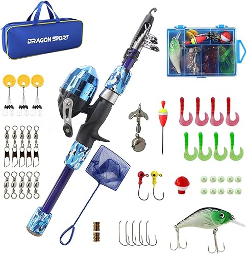 Miniatura 10 de Caja de aparejos de caña de pescar para niños, con red, bolsa de viaje, caña y carrete para niños y niñas, jóvenes o principiantes