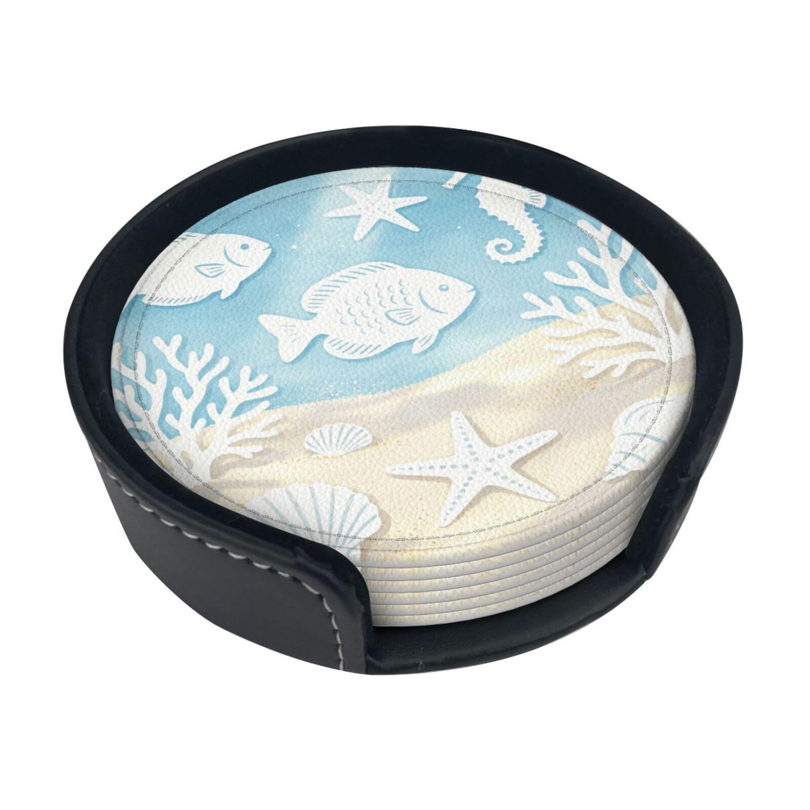 Cntdbu White Shell Coral Print Leather Coasters Set Of 6-Pu Leather Drink Mats For Table, Heat Resistant Round Coasters With Holder