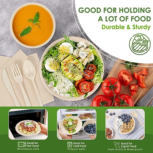 FEHHTO Disposable Paper Plates Set 300PCS Compostable Sugarcane Plates, Bowls, Heavy-duty Utensil, Biodegradable Napkins, Eco-friendly Dinnerware Set for Party Camping 50 People