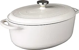 Lodge 7 Quart Enameled Cast Iron Oval Dutch Oven with Lid – Dual Handles – Oven Safe up to 500° F or on Stovetop - Use to Marinate, Cook, Bake, Refrigerate and Serve – Oyster White