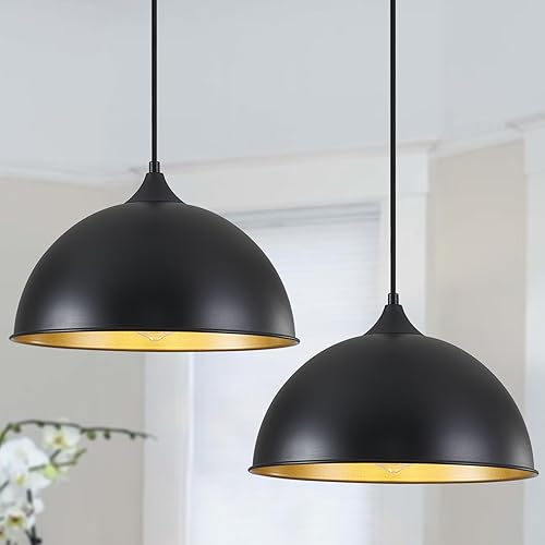 Miniatura 11 de Luces colgantes para isla de cocina, paquete de 3 lámparas colgantes de cúpula con acabado negro y dorado, lámpara colgante industrial para comedor,