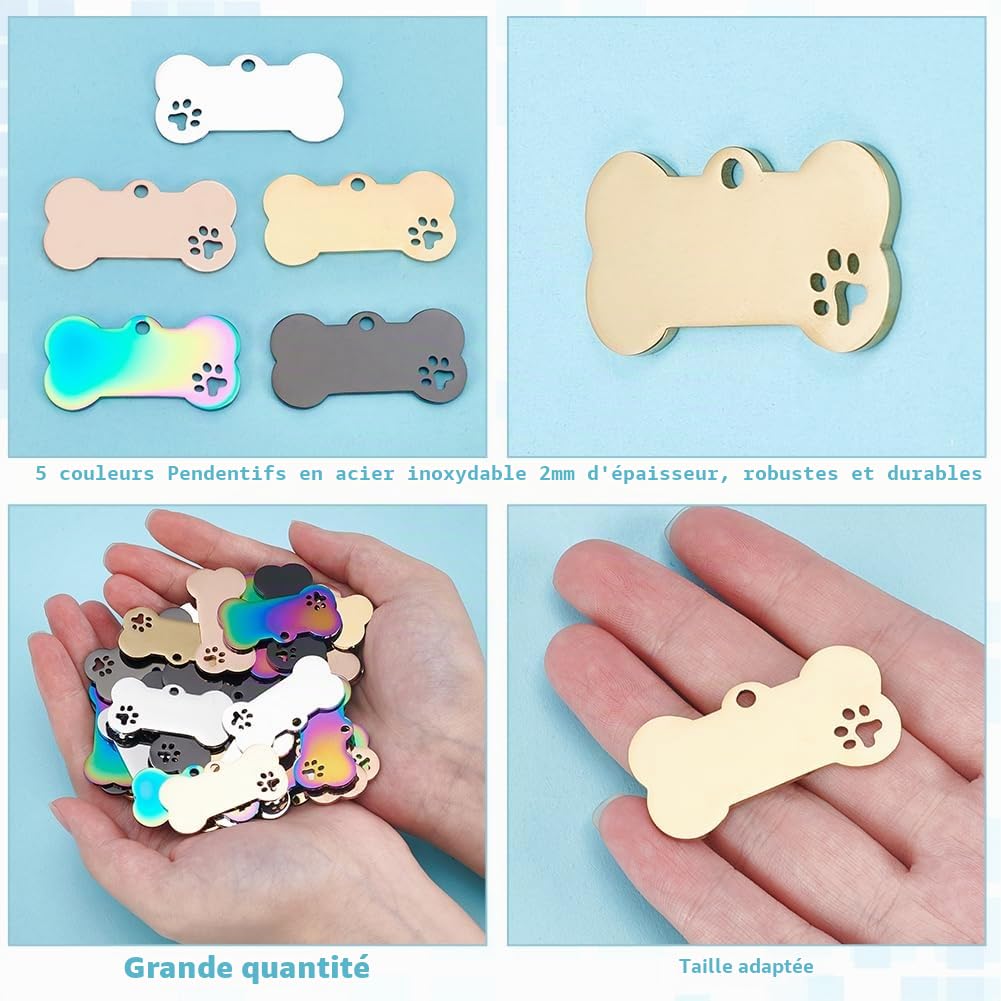 50Pcs d'étiquettes vierges pour chiens à graver, étiquettes en forme d'os de 40 mm avec pendentifs en forme de patte pour chats, breloques à estamper pour petits et grands animaux, DIY