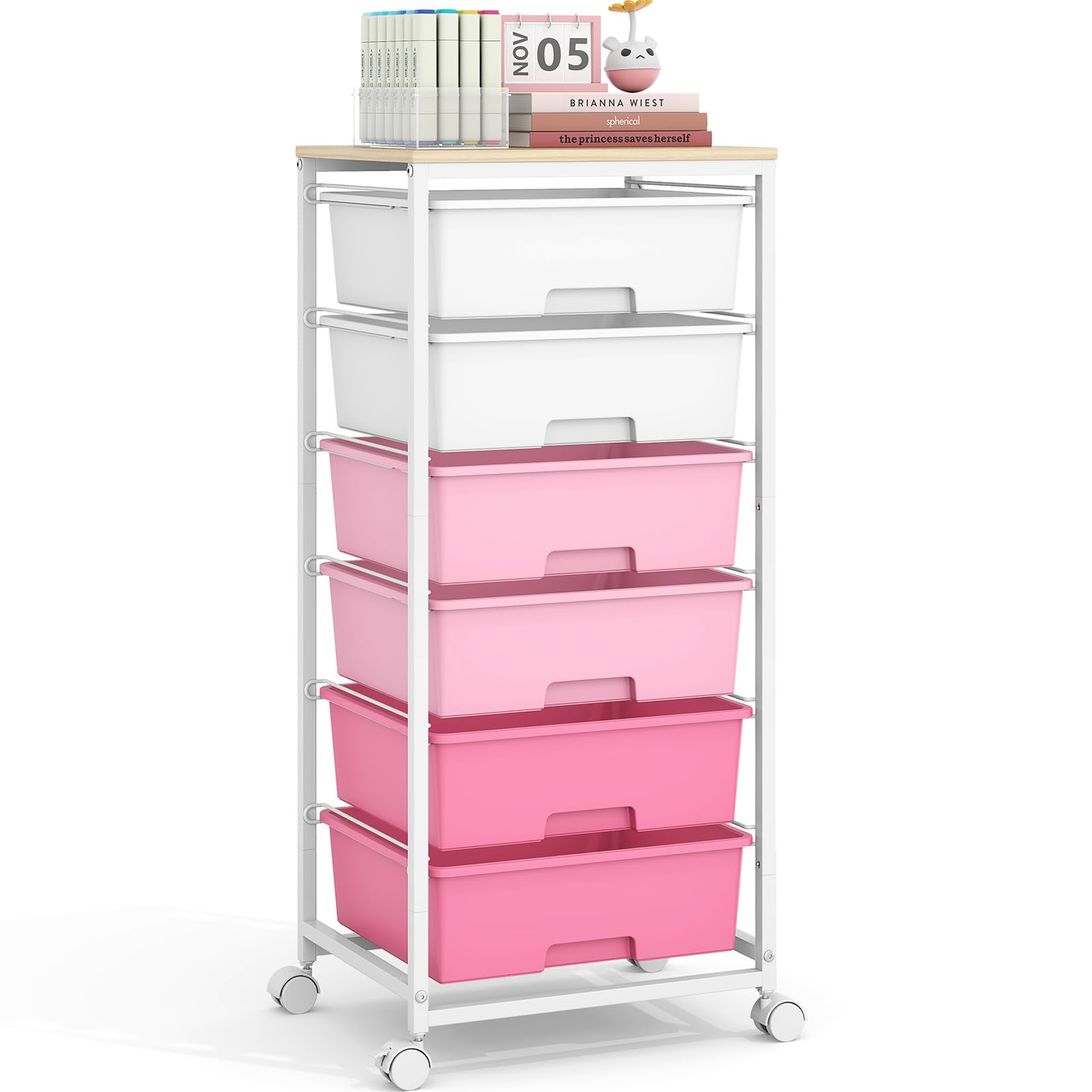 Rolling Storage Cart with 6 Drawers and Wooden Tabletop, Lockable Wheels Utility Cart for Art Studios, Office Supplies & Craft Room Organization (Pink