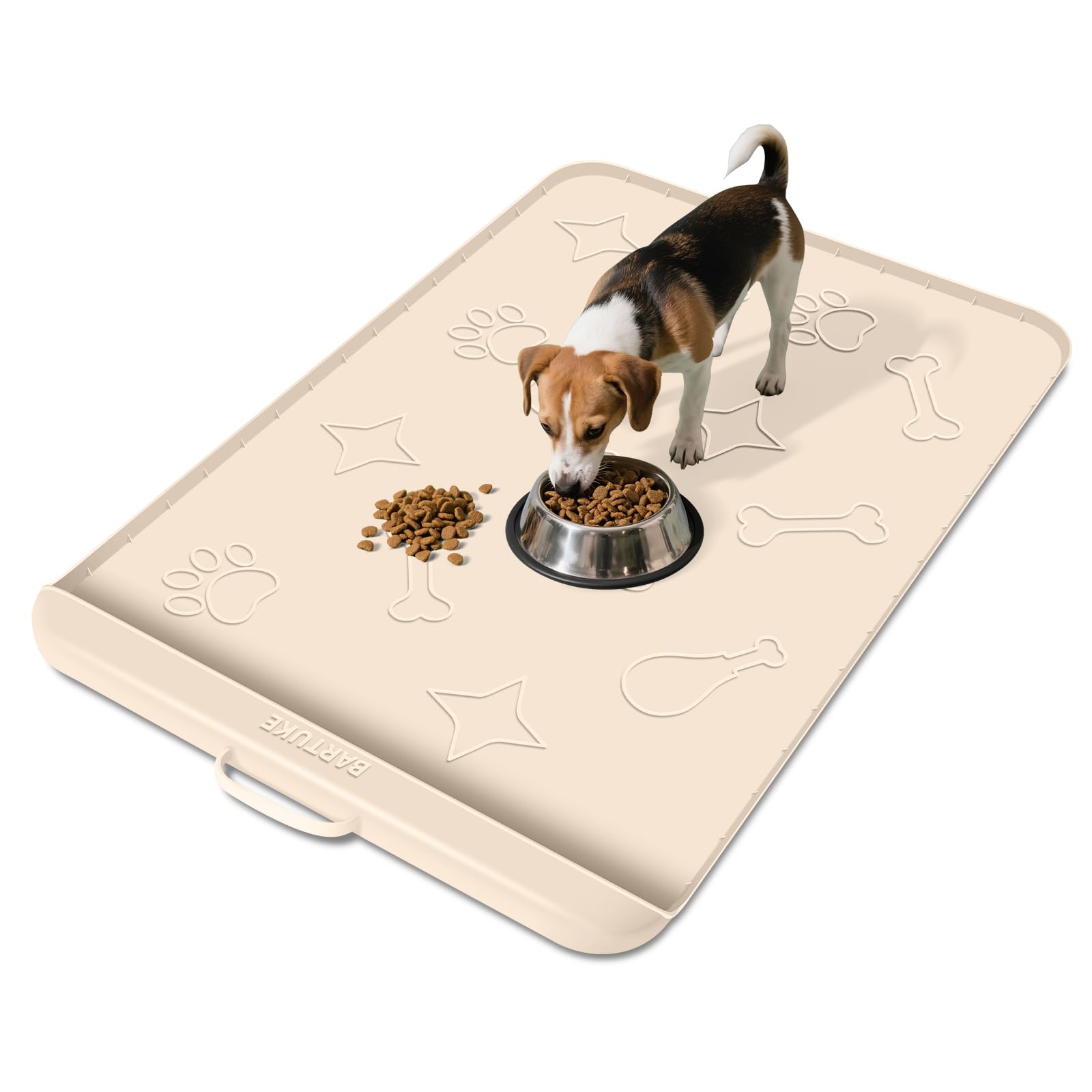 Bartuke Hundefutter Matte mit Stoarge Tasche, Griff und Rand, 42''x 28'' Silikon Haustier Fütterung Matte für trockene & nasse Nahrung, große Aktivität Matte wasserdicht Anti-Rutsch (Beige)