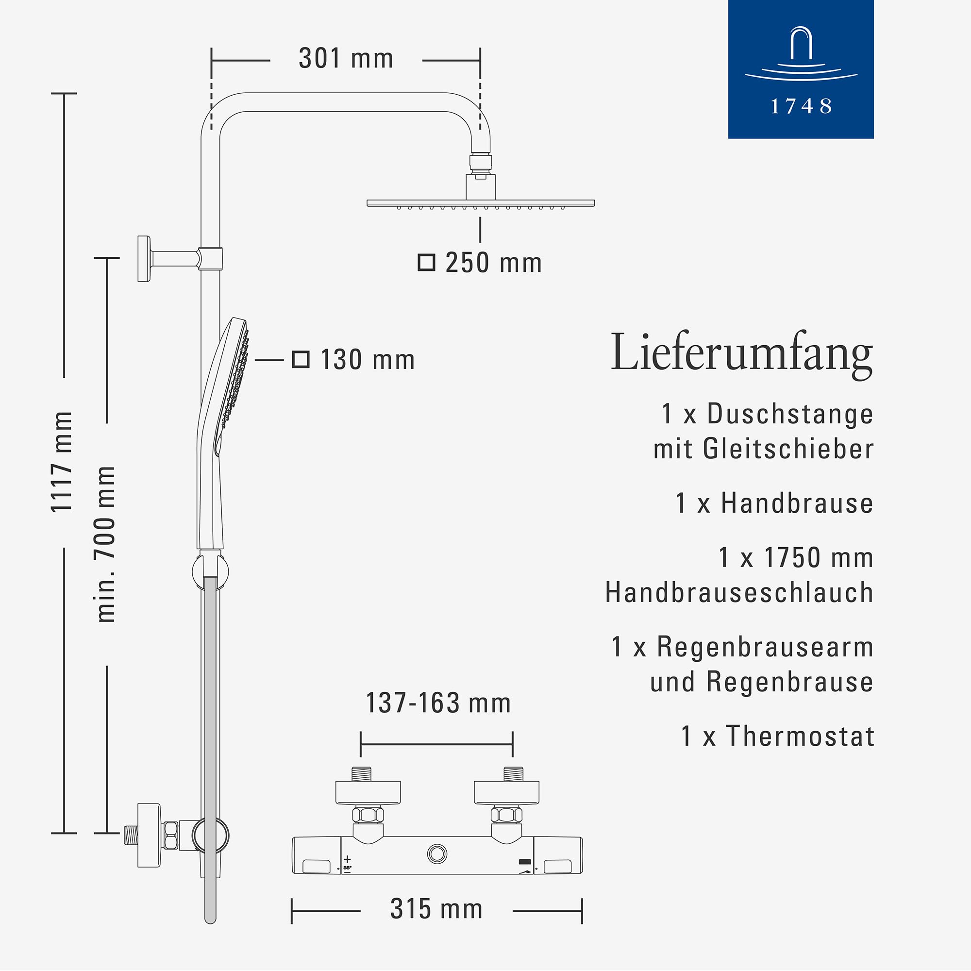 Villeroy & Boch Elody Duschsystem, Komplettset mit Thermostat – Chrom | Regendusche, Handbrause mit 3 Strahlarten, wassersparend, TVS13000100061