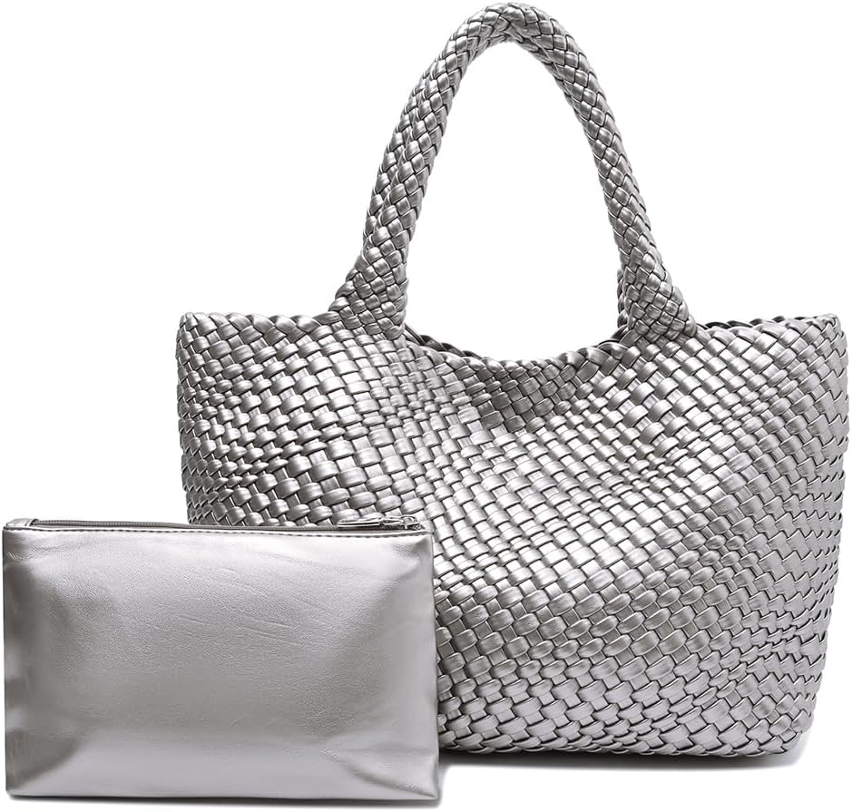 Handmade Woven Tote Bag for Women, Soft Vegan Leather Shoulder Bag with Purse, Large Travel Handbag