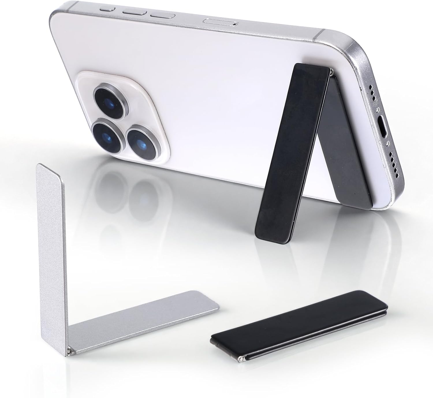 2PC Ultra-Thin Cell Phone Kickstand, Zinc Alloy Cell Phone Holder Portable Foldable Angle Cells Phones Stand Mini Adjustable Kick Stand for Universal Model Phones Tablet (Black&Sliver)