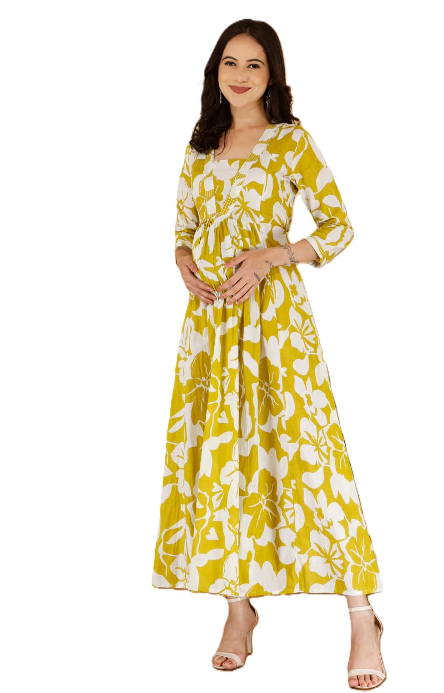 Women's Cotton Floral Maternity & Feeding Ankle Length Dress, A-Line, 3/4 Sleeve, Relaxed Fit-image-36