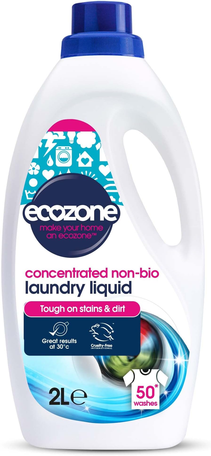 EcoZone Ultra Concentrated Laundry Liquid, Non Bio Detergent, Washing Machine Clothing Stain Removal & Cleaning Solution, Natural Vegan & Non Toxic, Eco Friendly, Gentle on Skin, 50 washes (2L)