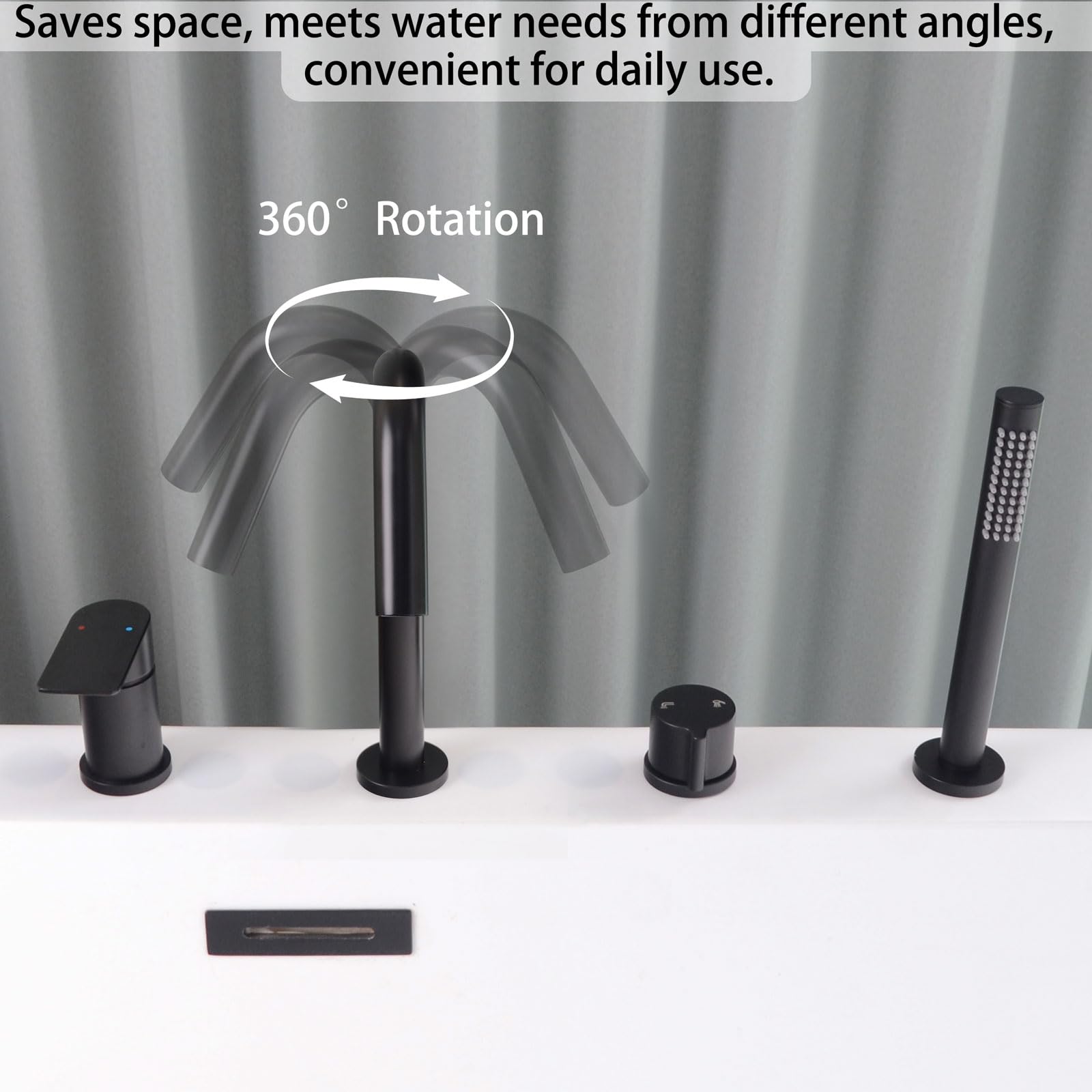 Grifo Bañera 4 Agujeros, Baño Ducha Mezclador con Ducha de Mano, 4 Orificios Grifo de Bañera con Giratorio de 360°, Para Borde de Bañera, Negro, 20Y3OK