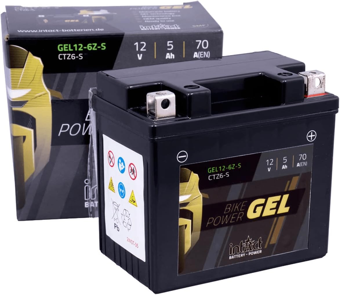 intAct - GEL MOTORRADBATTERIE | Batterie mit +30% Startleistung. Für Roller, Motorrad, Quad, Rasentraktor | Bike-Power GEL12-6ZS, CTZ6-S, 12V Batterie, 5 AH (c20), 70 A (EN) | Maße: 113x70x105mm