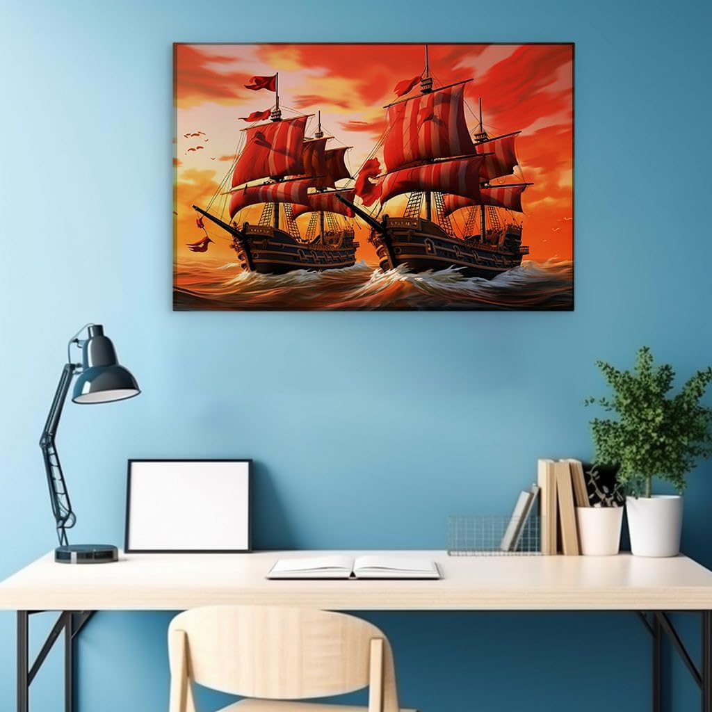 Canvas for Living room. Crimson Sails and Tumultuous Tides: High Seas Adventure Awaits in a Striking Digital Seascape, 27 x 18 inch Canvas Wall Art - Ready to Hang - 91x61 cm (36x24 inch)