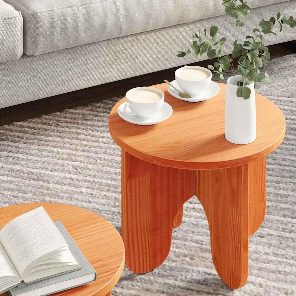 Juego de mesa de café de 2 piezas, color marrón cera, madera maciza de pino, diseño redondo para salón, mesa auxiliar moderna, fácil montaje, duradera