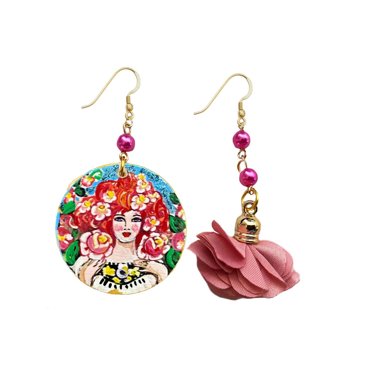Pendientes pintados a mano – HOMENAJE A ALPHONSE MUCHA - Pendientes colgantes de mujer, Joyas de madera pintada, Gancho de plata, Made in Italy, Bisutería decorada, Elaboración artesanal