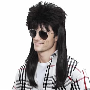 ColorGround Long Straight Black 80s Mullet Rocker Style Wig for Men