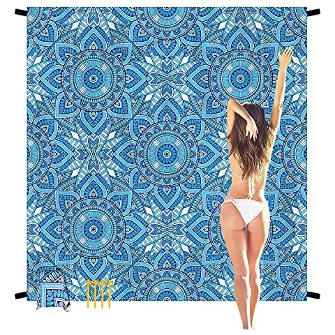 Sandproof Beach Blanket 79"×83" Large Waterproof Beach Mat for 4-7 Adults, Portable Quick Drying Picnic Blanket Outdoor Blanket for Travel, Camping, Hiking, Mandala Cover