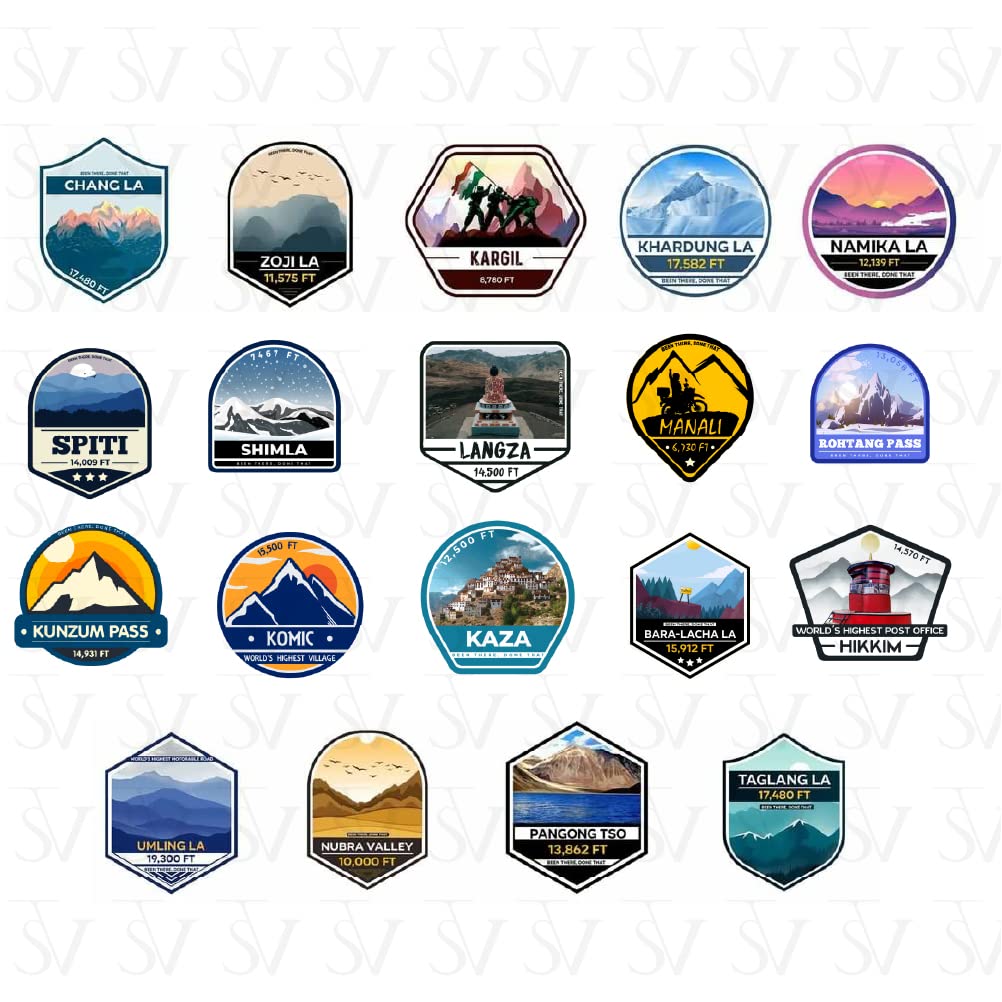 Stick The Vibe, Ladakh & Spiti Series, Vinyl Stickers - Decals - Peel & Stick, Sticker for Bike | Helmet | Laptop | Wall Etc. - 3 Inch X 3 Inch (Each) - Pack of 19 Stickers