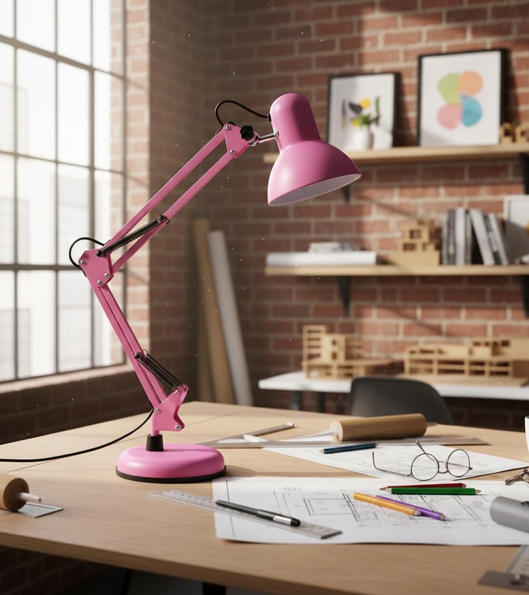 BEL AIR HOME - Lampada da scrivania a LED - Braccio snodato - Design vintage retro - 1xE27 - Lampada per scrivania, lampada da tavolo bimbo - Rosa opaco, Metallo (lampadina non inclusa)