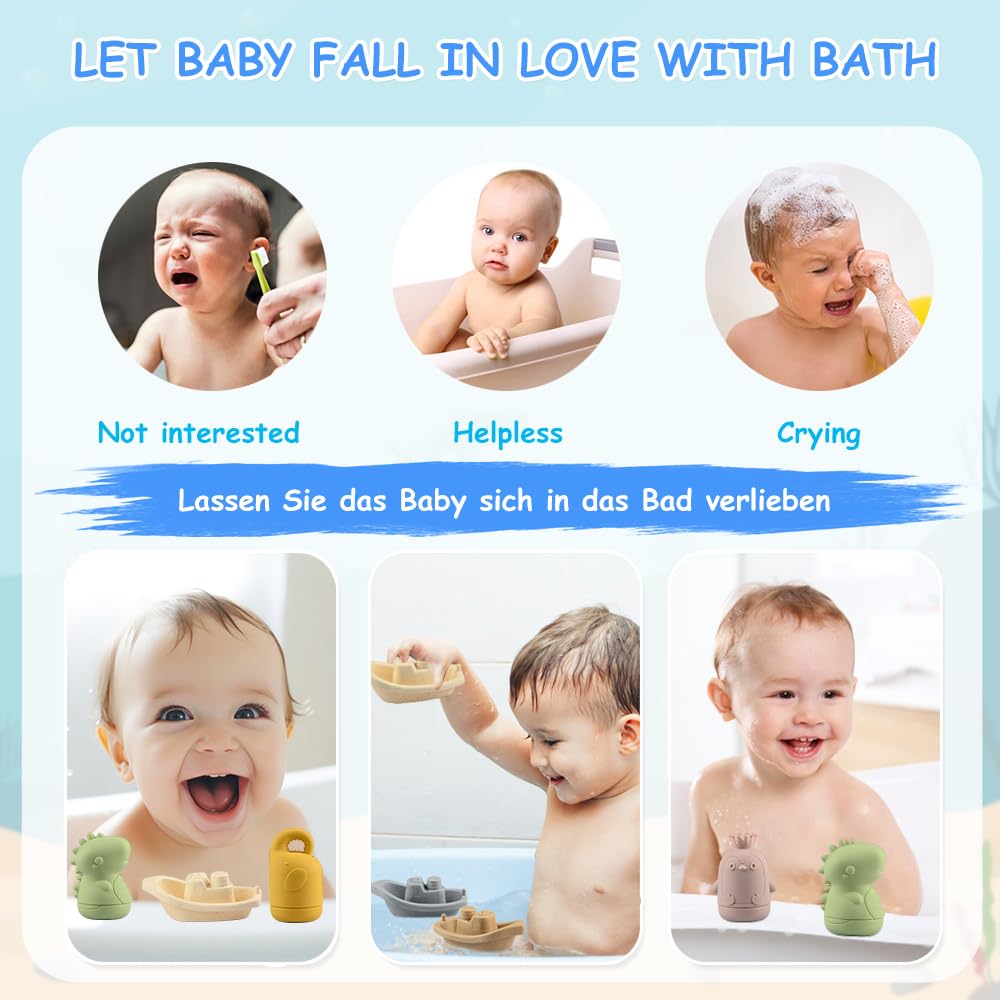 Jouet Bain Bébé, 16 Pièces Jouets de Bain Jouets à Presser Sensoriels avec Bateaux Empilables et Cuillère, Jeux de Bain Jouets de Douche de Bébé Amusants Jouets Flottants pour Bebe Enfant