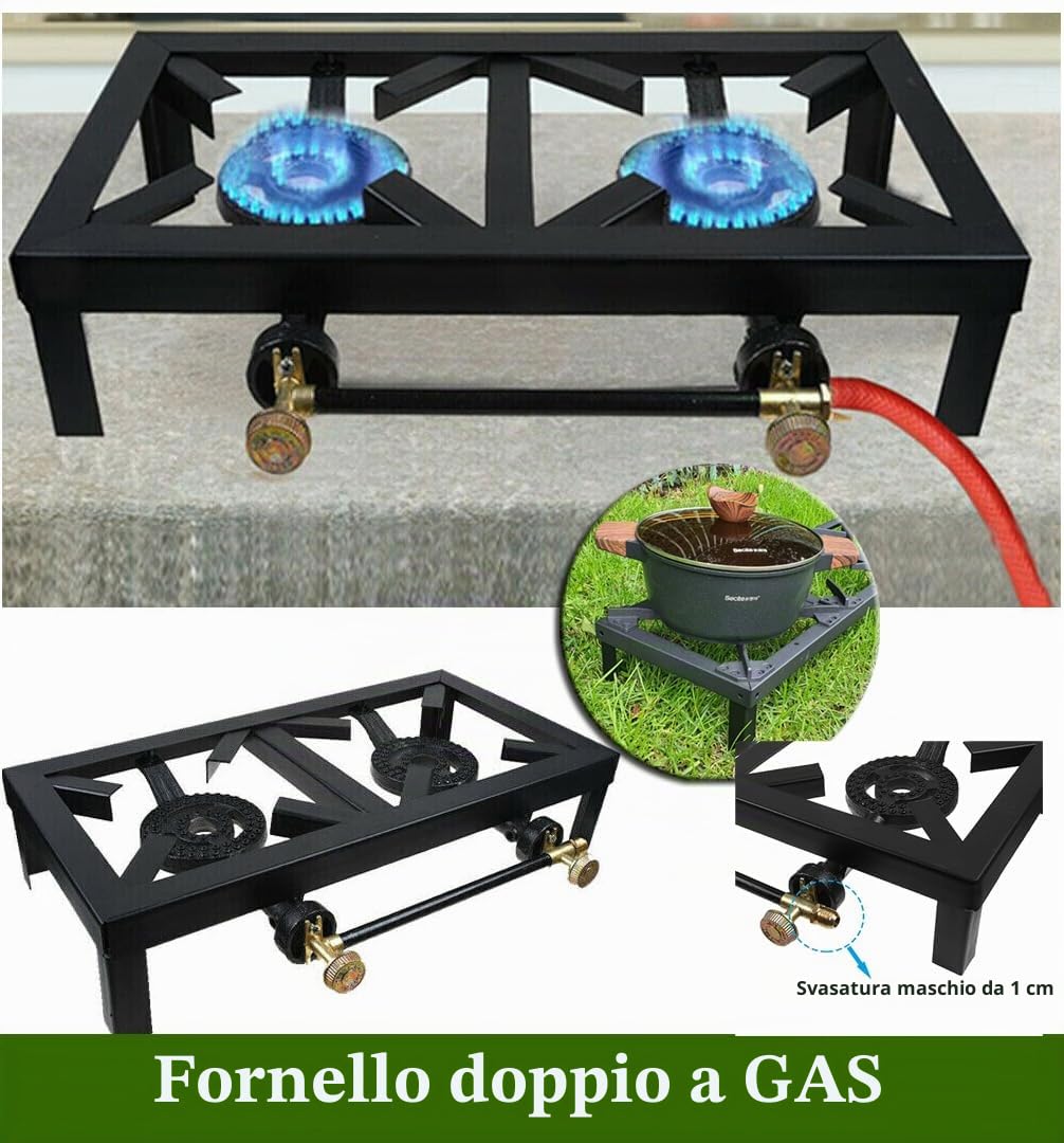 Doppio bruciatore Picnic Campeggio GPL Fornello a Gas Butano Gas Country Stufa Ghisa Gpl Bruciatore BBQ Griglia Portatile, Anello di ebollizione Campeggio Esterno Propano Catering Cucina Cucina Cucina