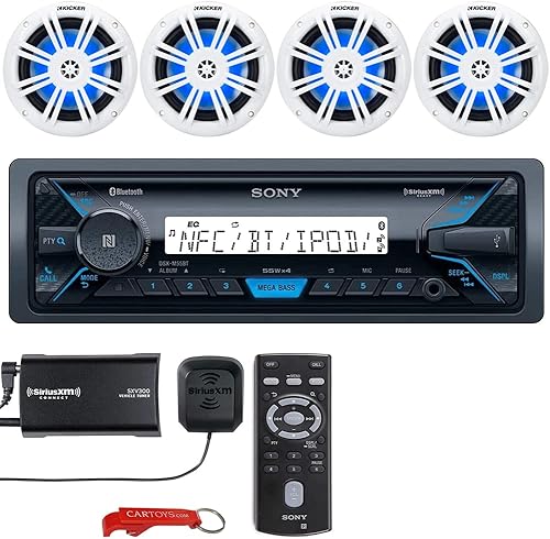 Sony DSX-M55BT estéreo y 4 altavoces LED marinos y SiriusXM Tuner Boat Audio Bundle. Receptor digital de 1 DIN Powersports Bluetooth, entrada USB,