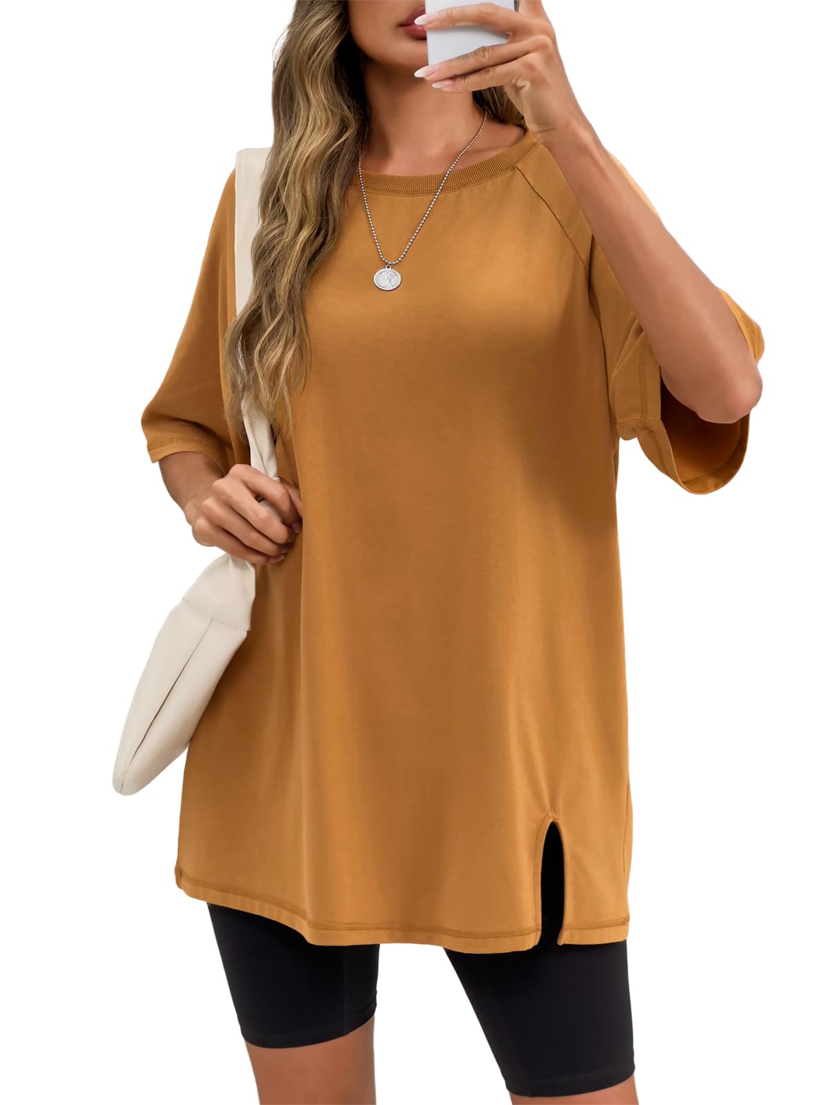 Tankaneo Camisetas de entrenamiento de gran tamaño para mujer, dobladillo dividido, raglán, manga corta, para verano, casual, holgada