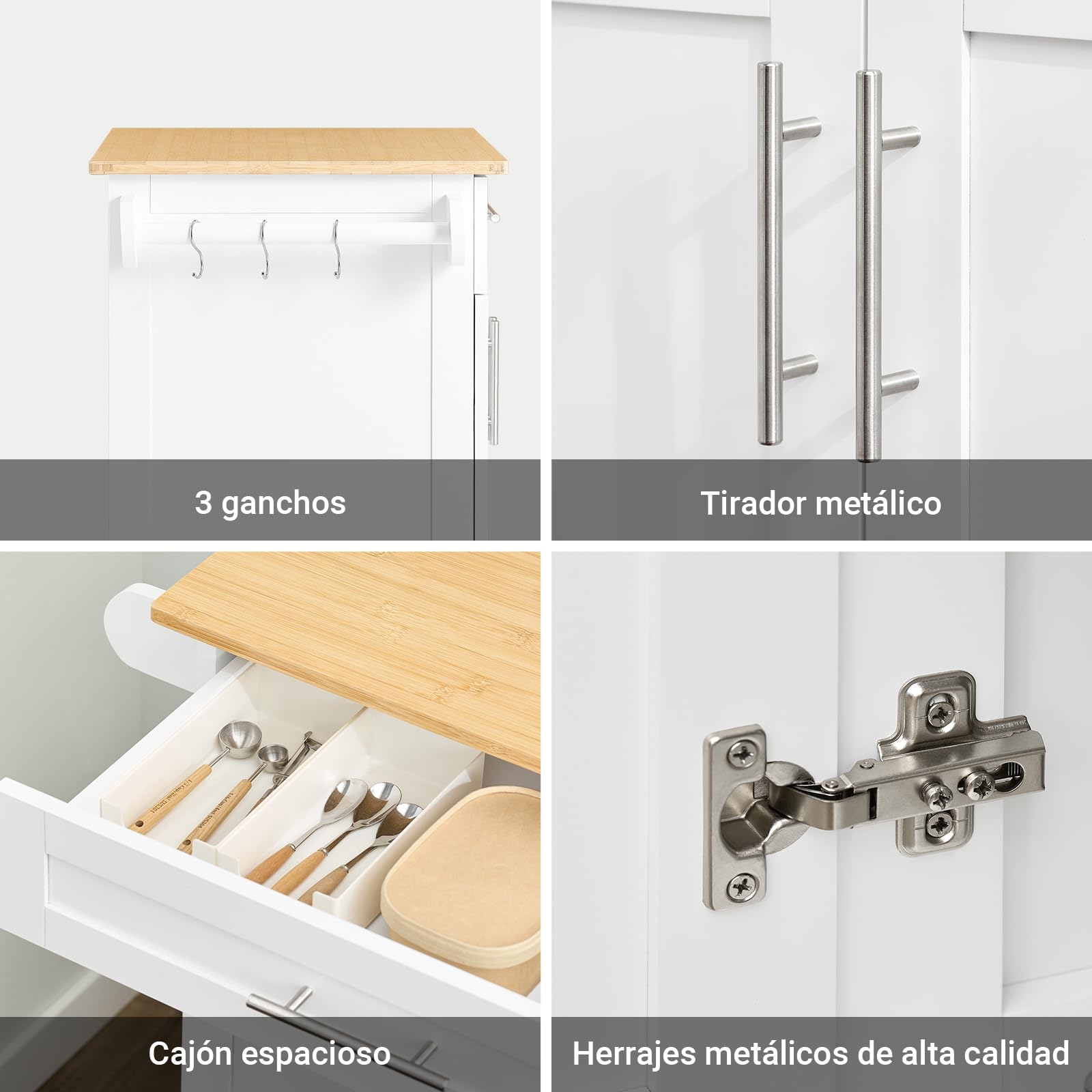 SoBuy FKW13-II-WN Luxus-Carrito de Cocina con Piso, Estantería de Cocina, Carrito de Servir de Bambú, 66 x 46 x 91 cm, ES