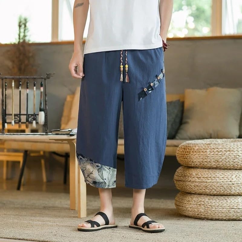 Japanese Cotton Linen Harem Pants Mens Summer Print Cropped Pants Men's Casual Elastic Waist Trousers4