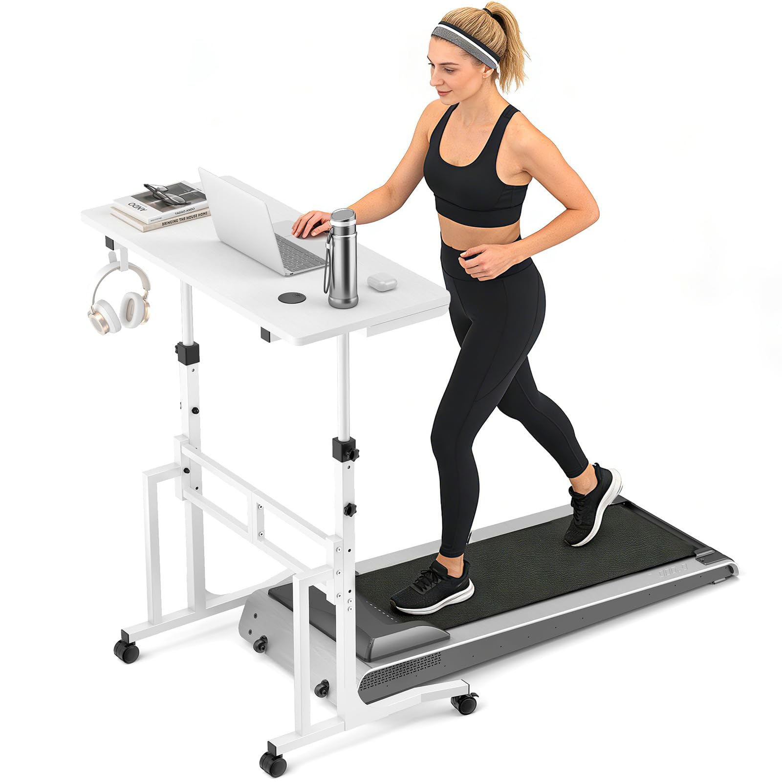 ikkle Standing Desk with Wheels, 34 Inch Height Adjustable Treadmill Training Table, Mobile Sit Stand Up Desk, Rolling Desks Computer Table for Indoor Cycling Trainers, Treadmill, Walking pad (White)