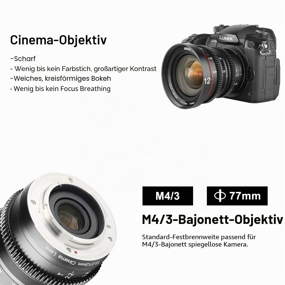 MEKE 12mm T2.2 große Blende, manueller Fokus, niedrige Verzerrung, 4K Mini-Cine-Objektiv für Micro Four Thirds M43 MFT, kompatibel mit Olympus Panasonic Lumix BMPCC 4K Zcam E2 GH5 GH6 OM-1