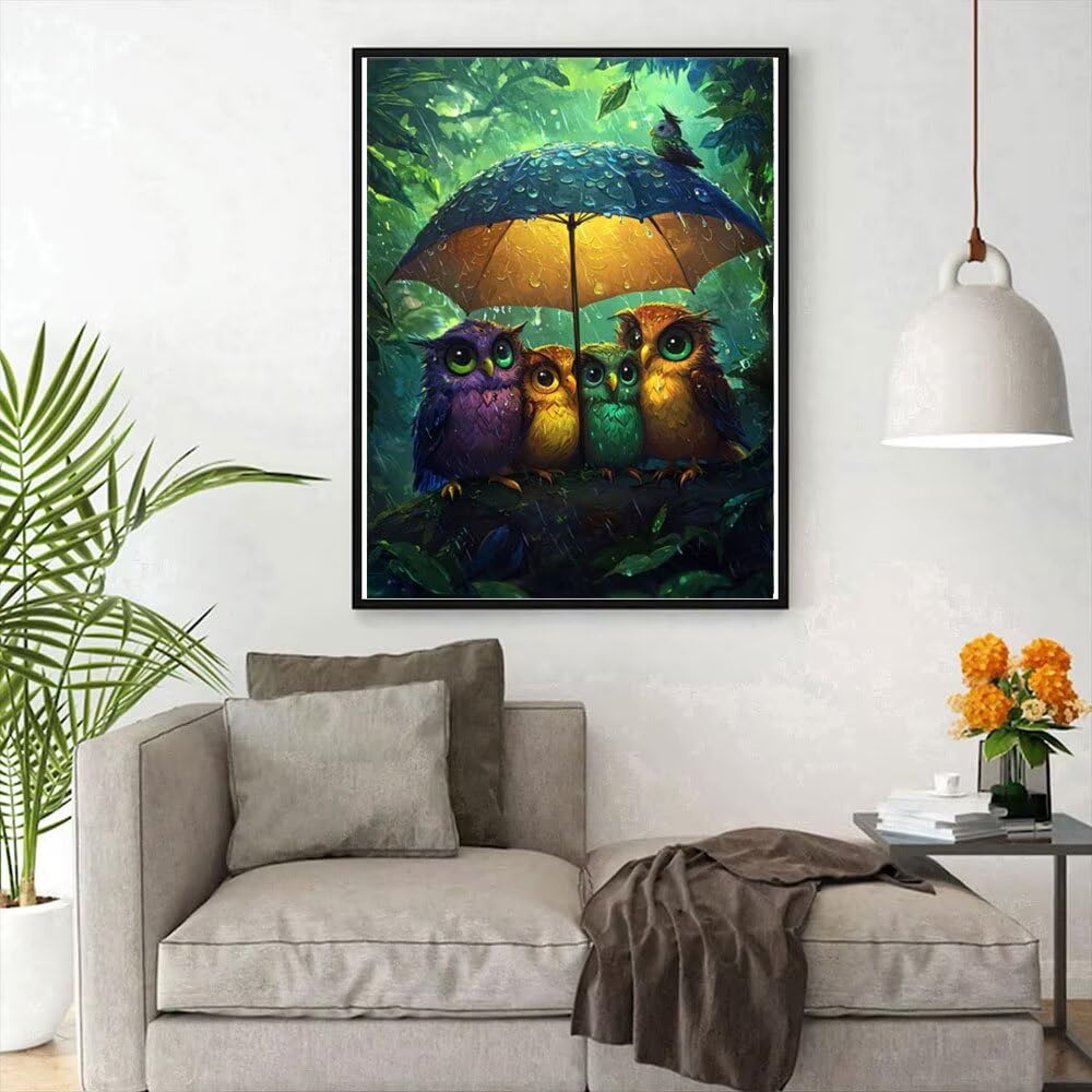 5D Diamant Painting Kits Erwachsene, Regentag Eule Diamant Painting Bilder für Anfänger Kinder, DIY Mosaikherstellung Stickerei Kreuzstich für Home Wand Dekor, Geschenke für Frauen 80x110cm WO3W-839