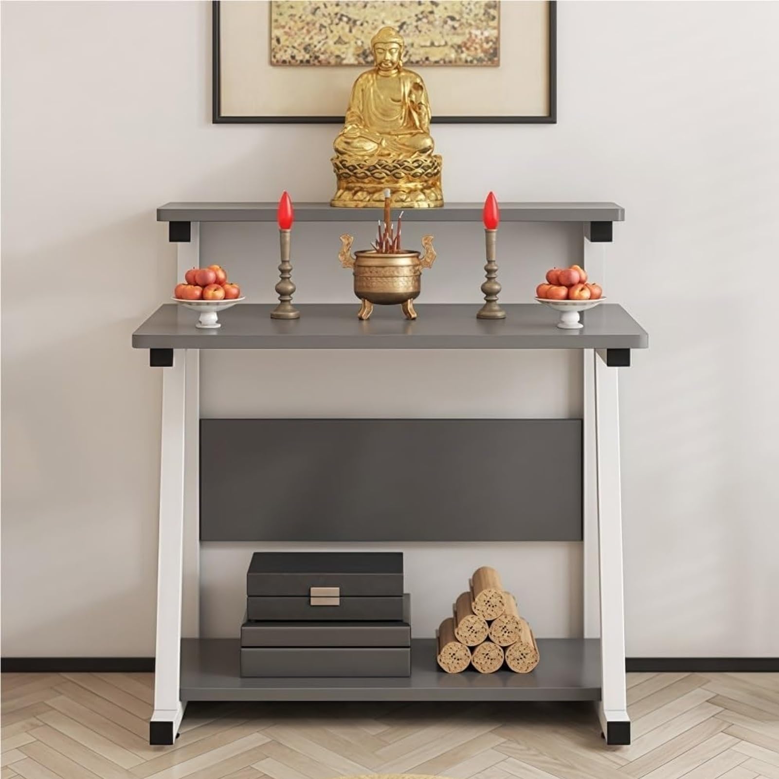 AZQOHMIS Free Standing Altar Table, Personal Shrine Meditation Table, 3-Tier Puja Table, Meditation Table with Storage Tier, for Living Rooms, Shrines, Temples(Gray,90x80cm/35.4x31.5in)