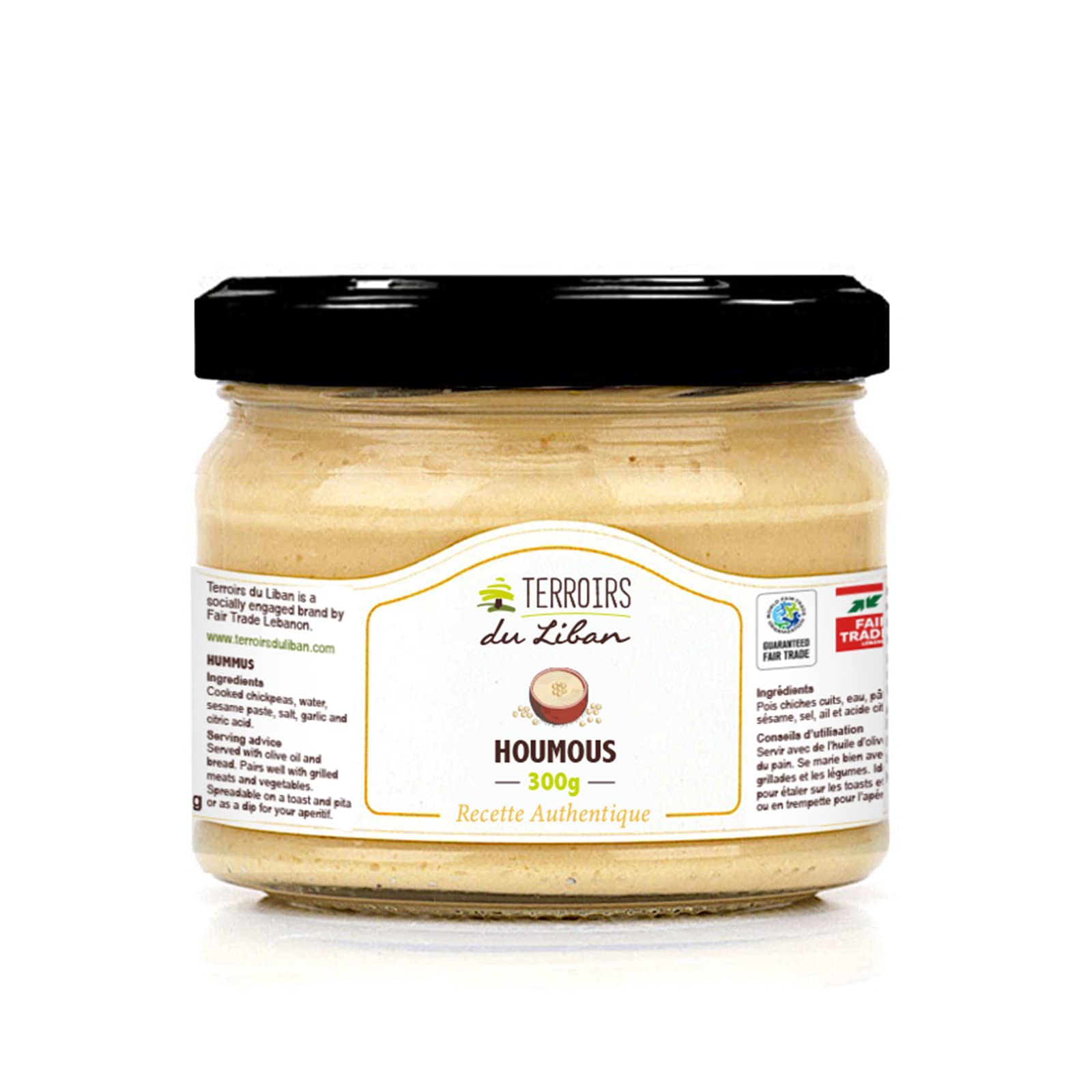 Houmous Libanais Authentique- Tartinade de Pois Chiches et Tahini- Vegan, Riche en Protéines & Fibres- Idéal pour Mezzés, Toasts et Grillades- Certifié Commerce Equitable- 3 x 300g- Terroirs du Liban