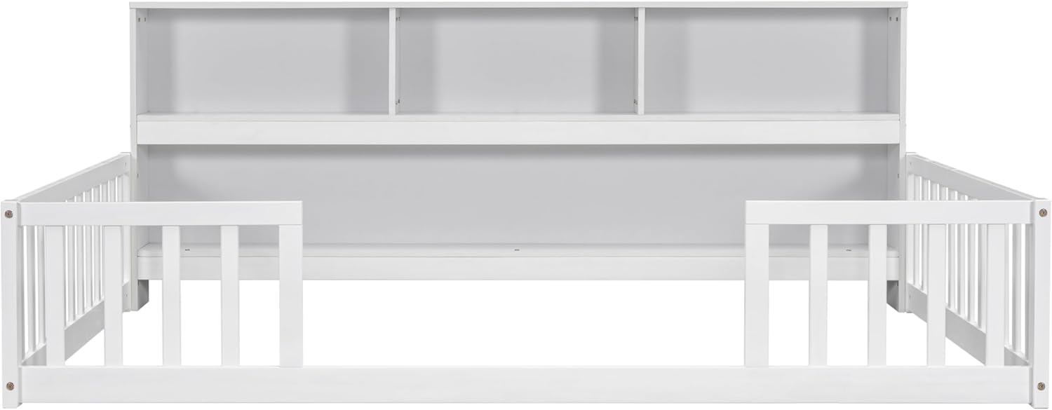 Full Size Floor Bed,Montessori Floor Bed with Bedside Bookcase and Shelves,Toddler Bed with Guardrails for Kids,Girls,Boys (White, Full)