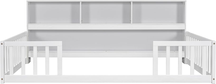 Bellemave Kids Montessori Floor Bed,Full Size Floor Bed with Bookcase and Shelves,Full Bed Frame with Guardrails for Kids,Girls,Boys,Full,White