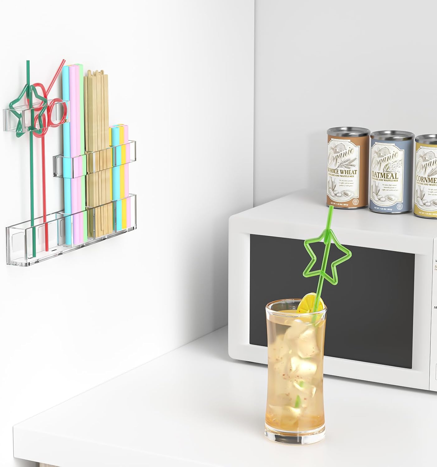 Acrylic Straw Organizer for Cabinet Door - 9.5'' Large Transparent Adjustable 3-Part Reusable Drinking Straw Holder Dispenser Kitchen Accessories Container Cupboard Door Mounted - Image 2