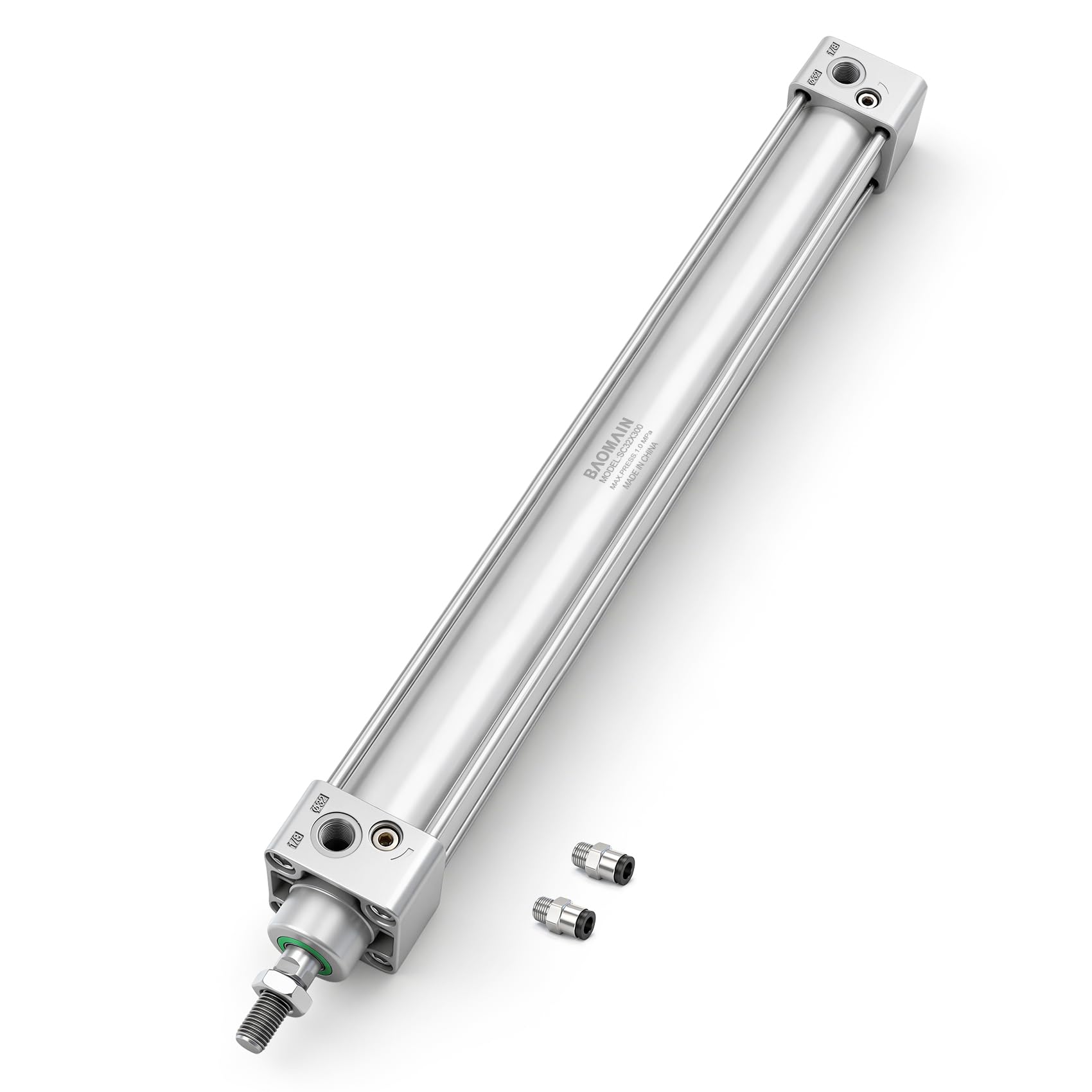 Baomain Pneumatic Air Cylinder SC 32 x 300, PT 1/8 Port, 1-1/4" Bore, 11.81" Stroke, Single Rod Double Acting, M10X1.25 Threaded Rod, with 2X Push-in Fittings
