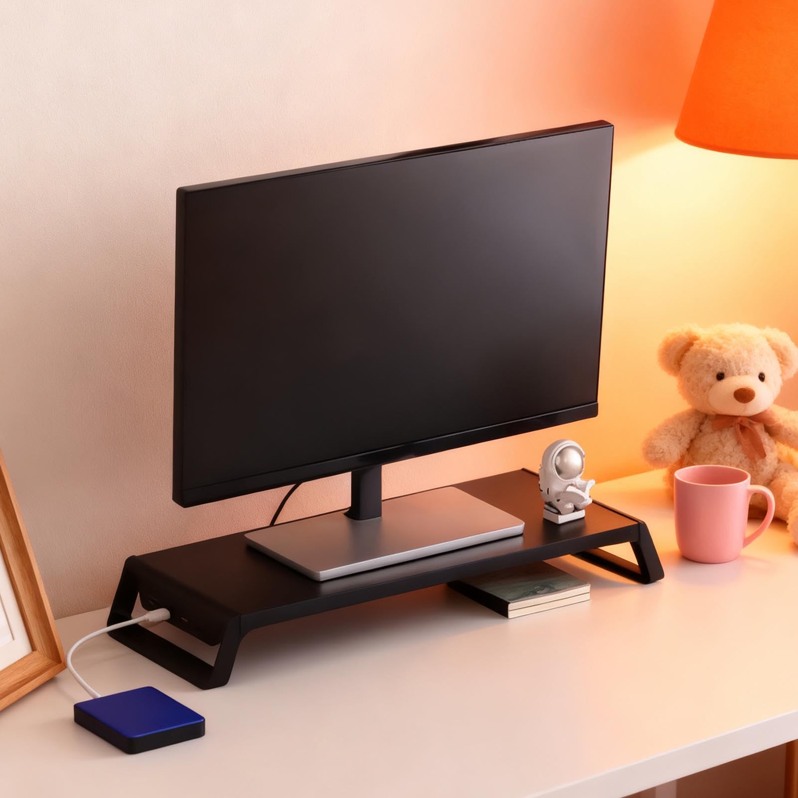 Podwyższenie do monitorów komputerowych, z 4 portami USB, akcesoria biurowe, na monitor komputerowy z drewna, do domu, biura, mieszkania, akademika