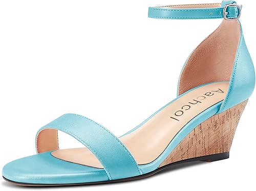 Aachcol Sandalias redondas para mujer, puntera abierta, correa de tobillo, de dos piezas, bloque grueso, tacón de cuña baja, zapatos de vestir mate