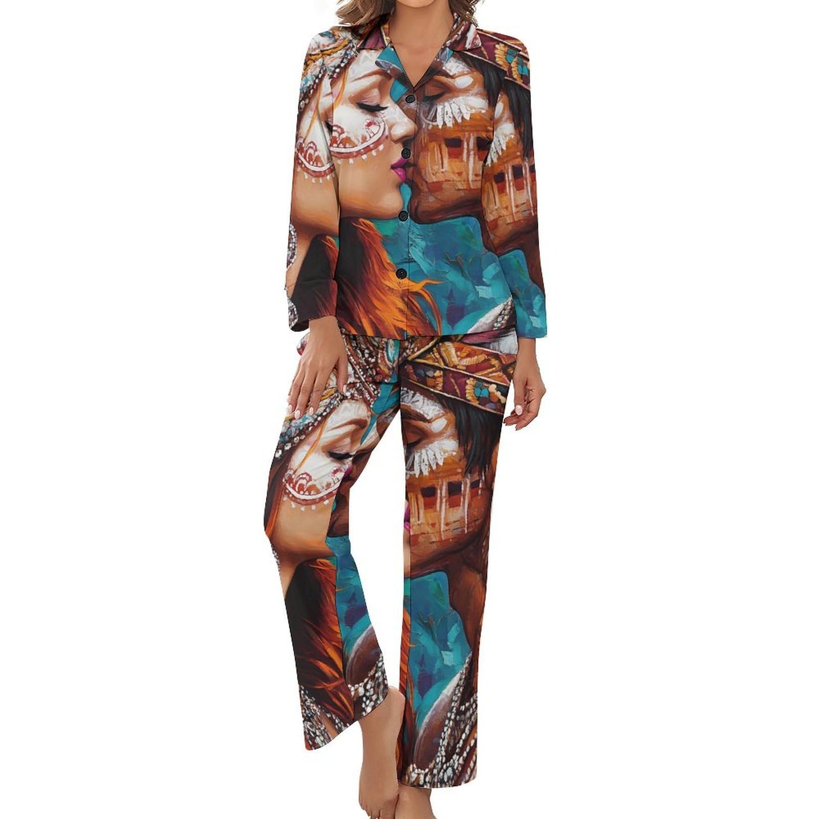 Conjunto de pijama casual para parejas indias para mujer, pijama de manga larga con botones, ropa de dormir