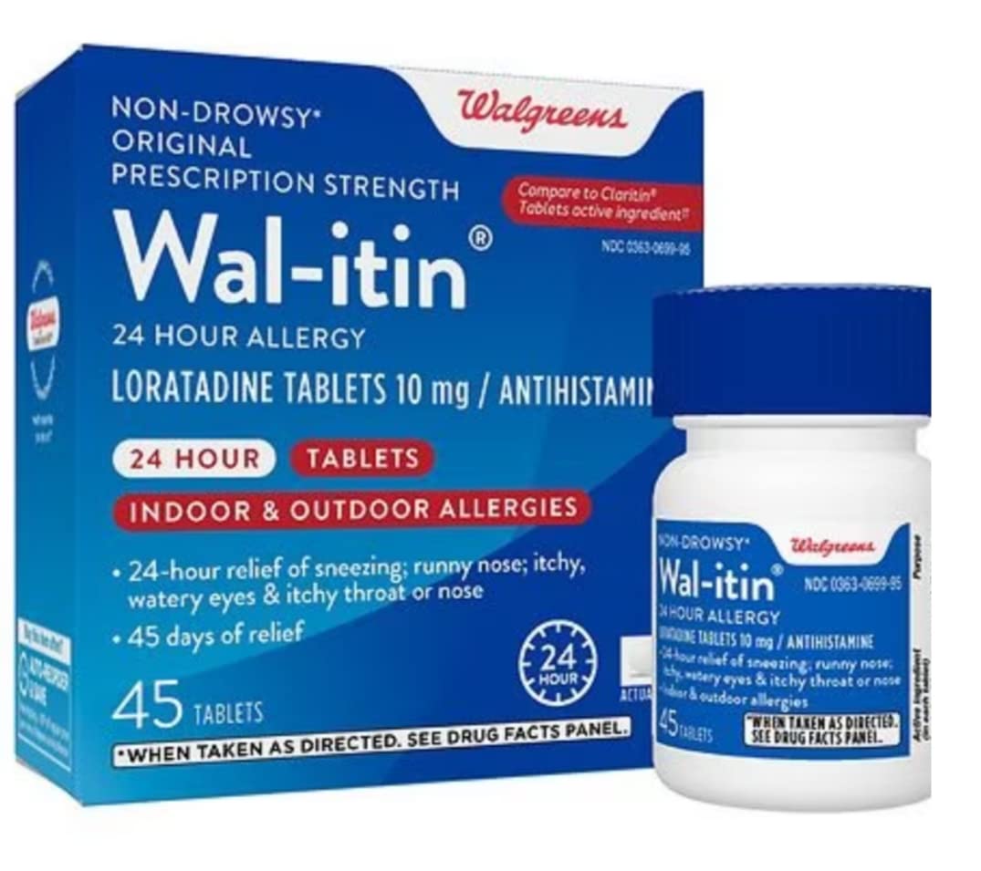 Walgreen wal-itin Non-drownsy 24 Hour Allergy Indoor and Outdoor Allergies 45 Tablets