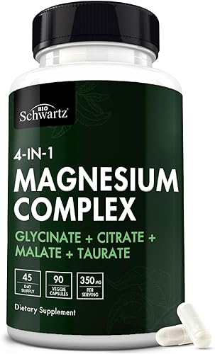 BioSchwartz Suplemento complejo de magnesio (90 cápsulas) 350 mg de citrato de glicinato de magnesio malato y taurato por porción para nervios