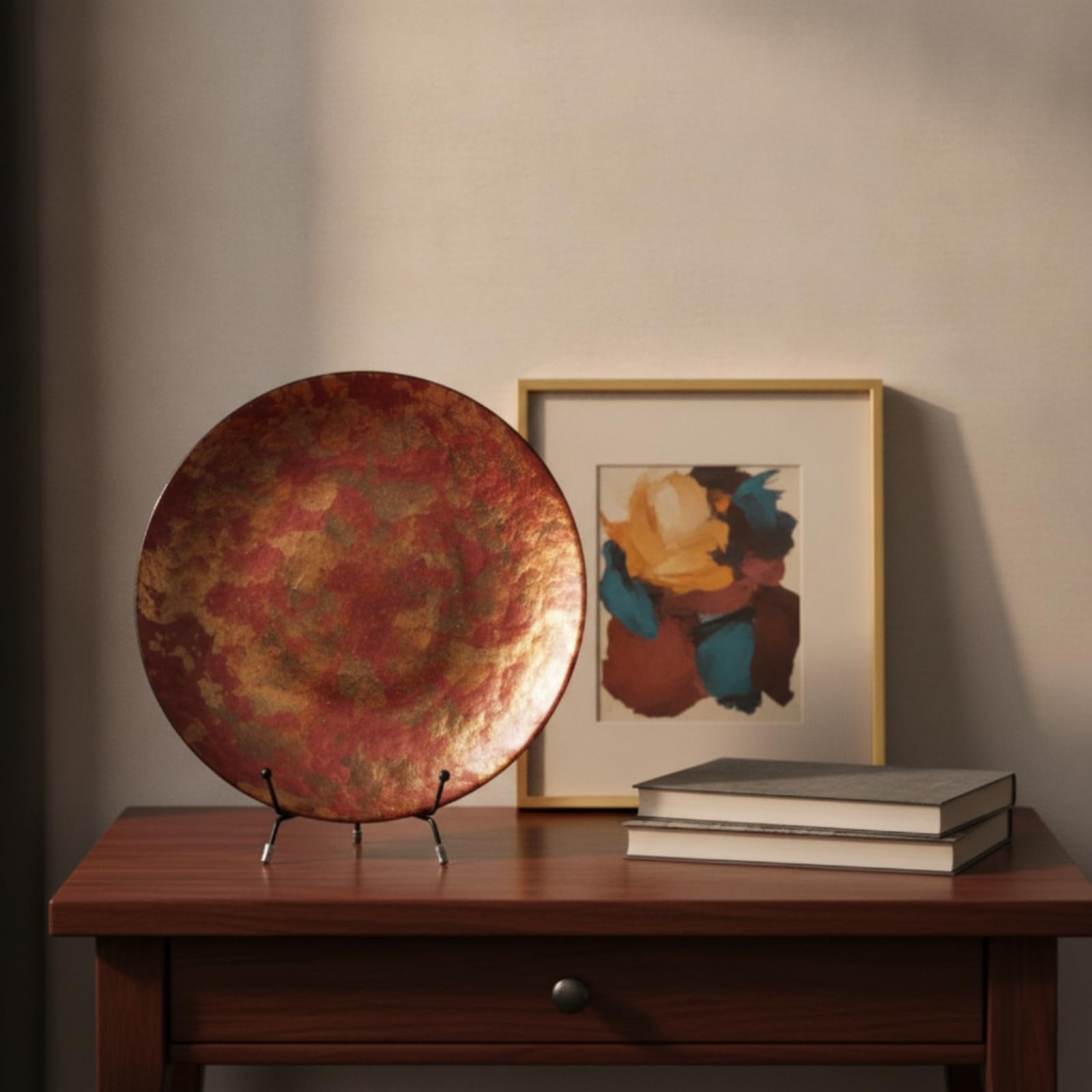 Baoblaze Vassoio Decorativo Rotondo in Vetro Piatto Centrotavola Supporto Disco in Cristallo Caldo Rosso Oro E Supporto Metallico Stabilizzato Adatto a Consolle Ingresso Scaffalatura Studio