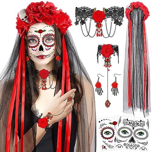 HOWAF Dia De Los Muertos Haarreif und Schleier, Tag Der Toten Rosen Choker Halskette Armbänder Ohrringe Halloween Gesicht Tattoos für Dia De Los Muertos Kostüm, Halloween Kostüm Costume Accessory, E