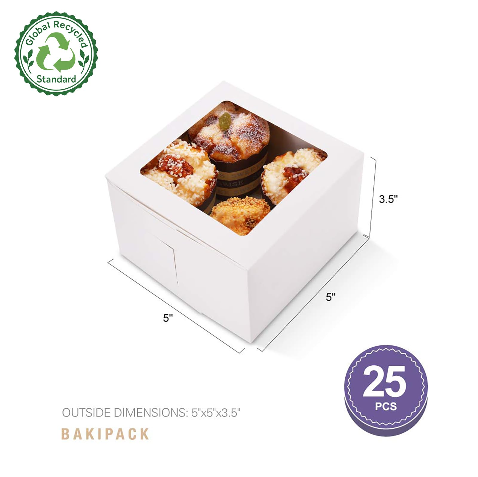 25 cajas de panadería blancas con ventana de 5 x 5 x 3.5 pulgadas, cajas de postre para llevar con ventana, cajas de dulces para panadería pequeña, postre, dulces, galletas, pastelería