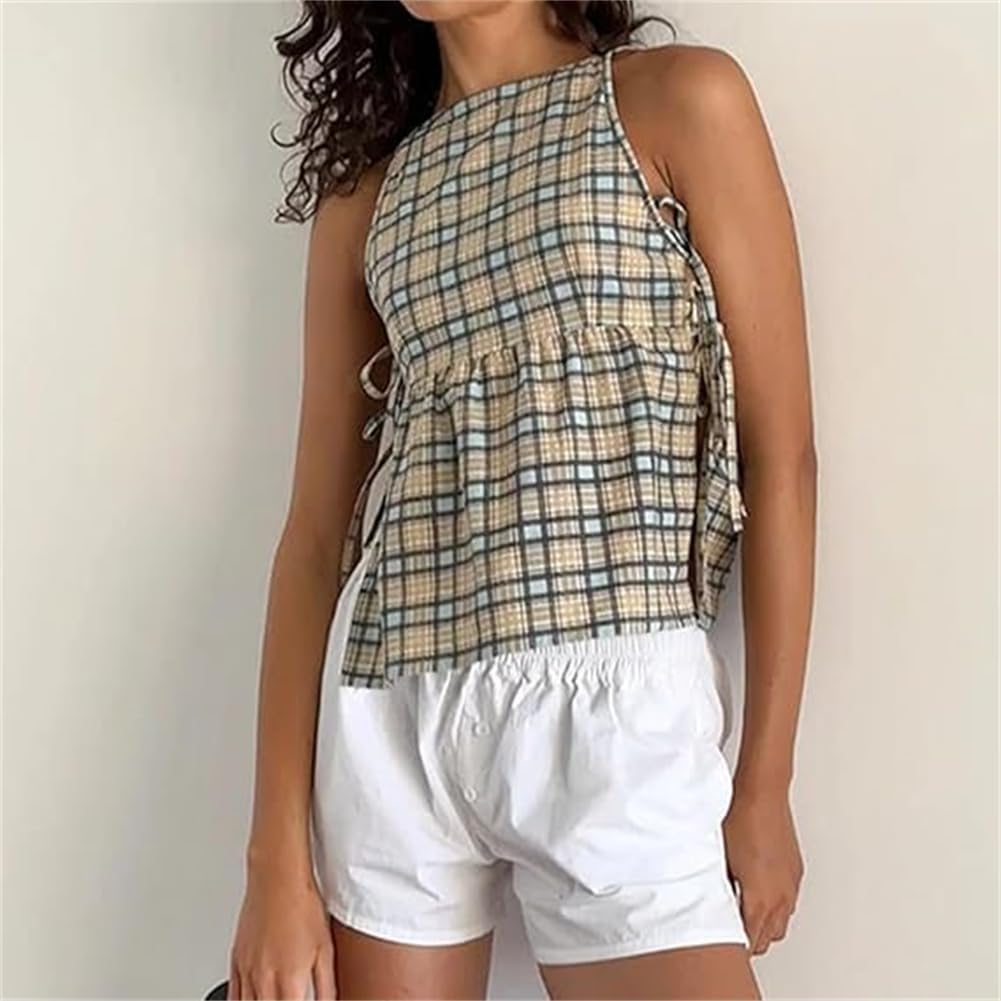 Women Tie Side Tank Top Sleeveless Split Peplum Coquette Shirt Plaid Trendy Going Out Summer Tops Y2k Streetwear - Image 3