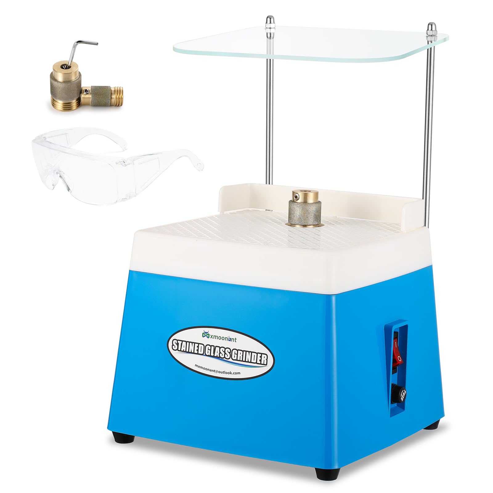 Mxmoonant Amoladora vidrieras 4200 RPM, brocas 5/8" y 1" | deflector, gafas seguridad, kit mini DIY para mosaicos, cerámica y vidrio (Azul)