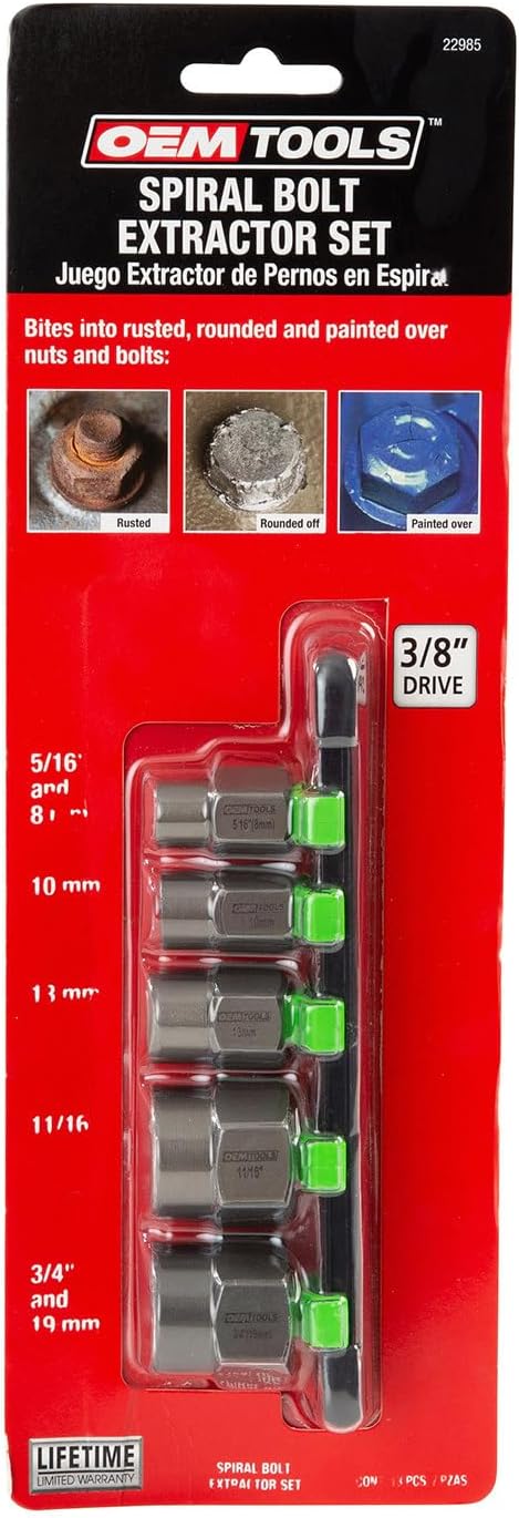 OEMTOOLS 22992 5 Piece Spiral Type Extractor Set on Aluminum Rail, Universal Stripped Bolt Extractor, Set of 5 Stripped Bolt Remover Tools