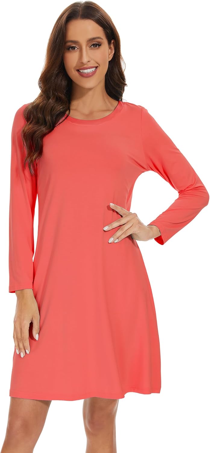 WiWi Women's Viscose from Bamboo Nightgowns Long Sleeve Cooling Crewneck Sleepshirts Casual Gown Super Soft Sleep Shirt S-XXL
