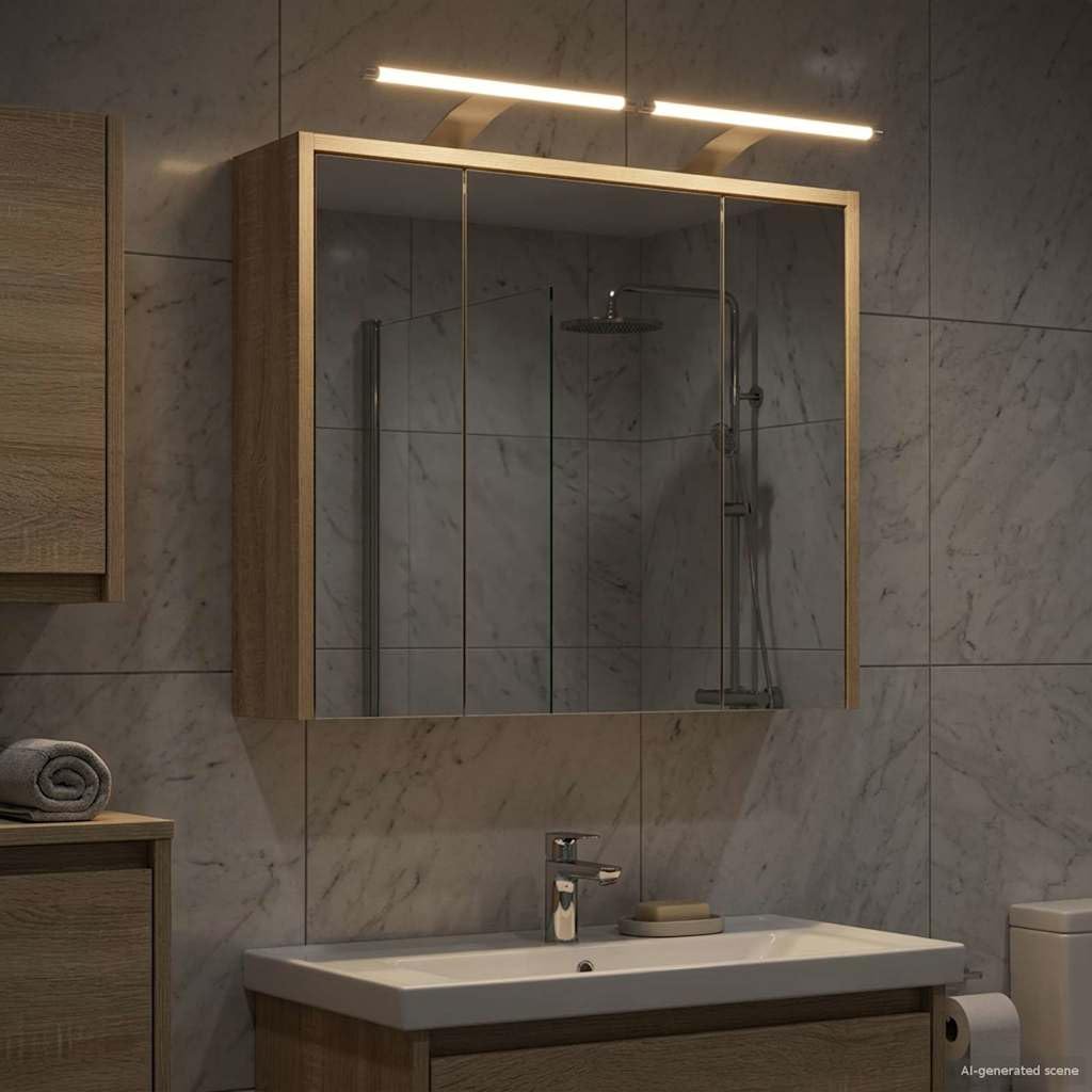 Szafka łazienkowa z lustrem Sonoma dąb z materiału drewnopochodnego 63,5 x 16 x 62,5 cm z regulowanymi półkami, oświetlenie LED, montowana na ścianie, miejsce do przechowywania szafki pod